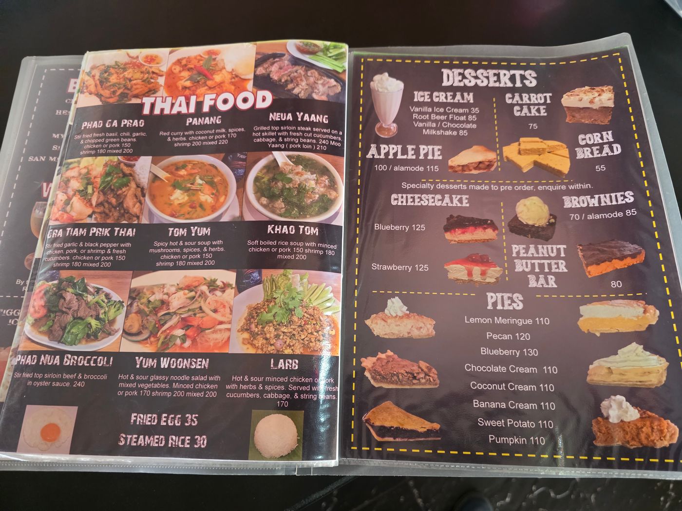 A Thai restaurant menu in Pattaya with dishes priced from 60 to 160 baht